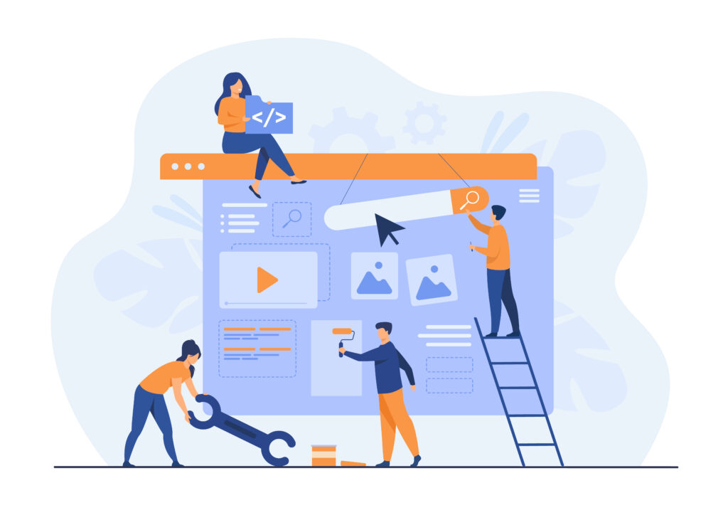 WEBSITE DEVELOPMENT digital marketing team constructing landing or home page